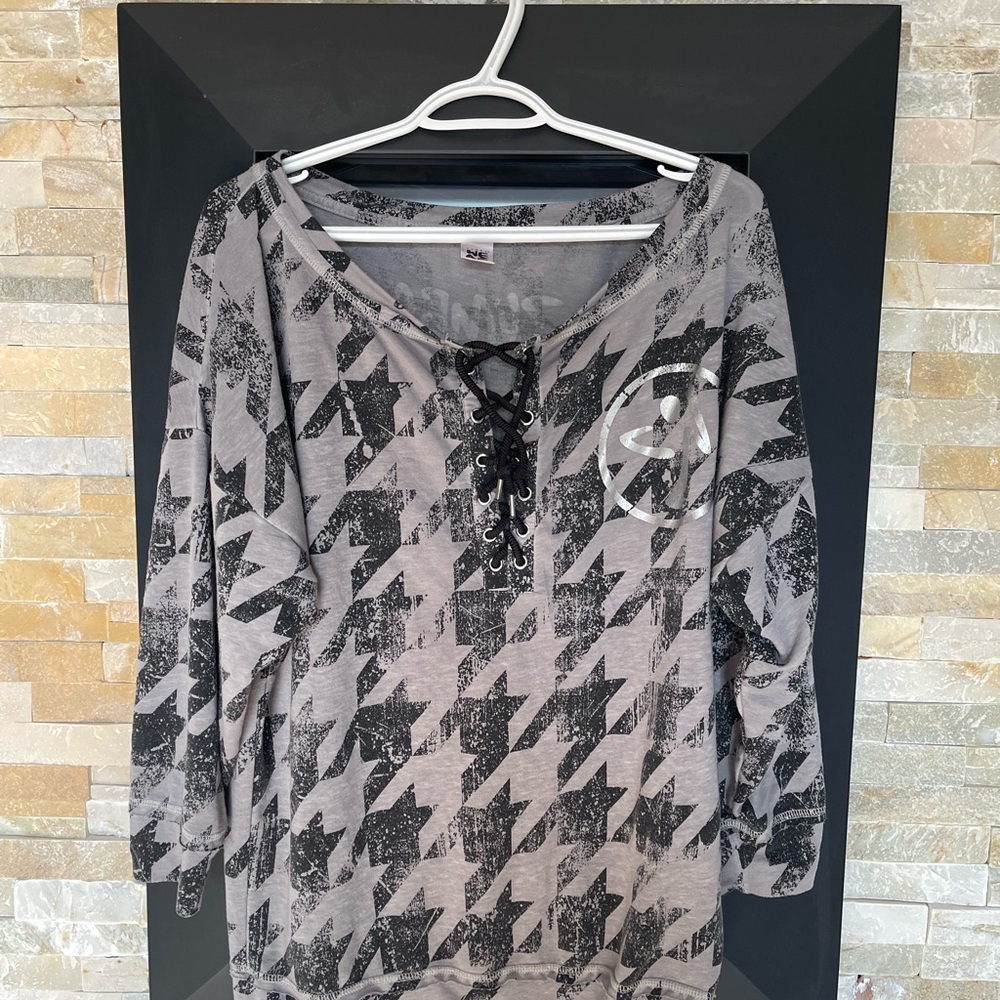 Zumba Fitness Off Shoulder Gray and Black Lace-Up Top